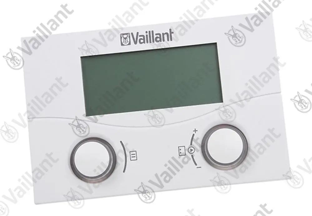 Weißer Regler von Vaillant mit einem großen Display und zwei runden Drehknöpfen für die Temperatureinstellung.